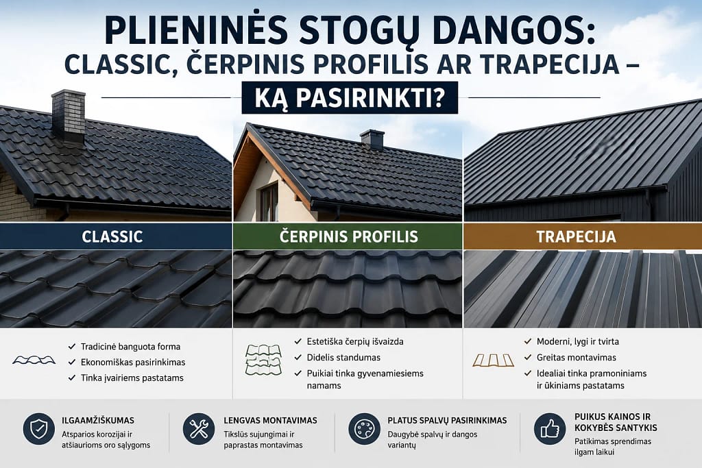 Plieninė stogo danga ant gyvenamojo namo stogo